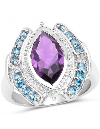 3.06 Carat Genuine Amethyst and London Blue Topaz .925 Sterling Silver Ring en stock