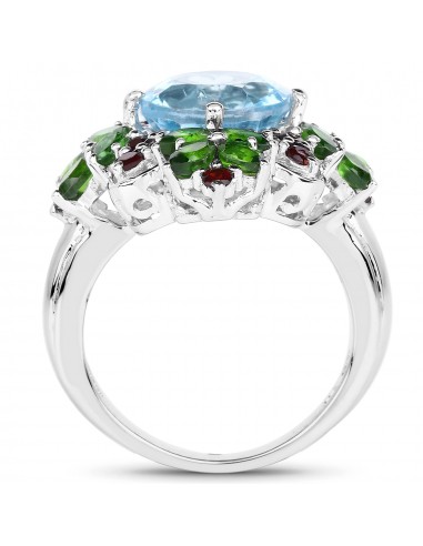 5.76 Carat Genuine Blue Topaz, Chrome Diopside & Garnet .925 Sterling Silver Ring de France