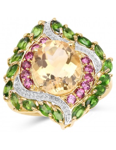 14K Yellow Gold Plated 6.11 Carat Genuine Citrine, Rhodolite & Chrome Diopside .925 Sterling Silver Ring sur le site 