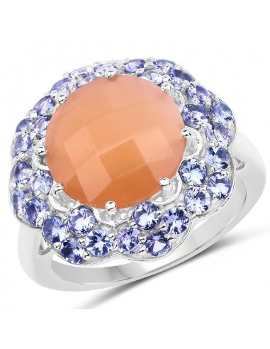 7.20 Carat Genuine Peach Moonstone and Tanzanite .925 Sterling Silver Ring rembourrage situé sous