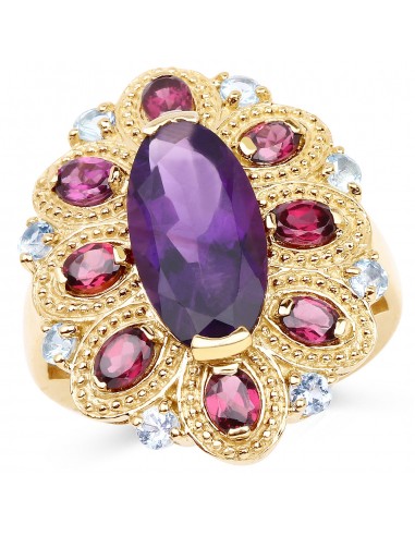 14K Yellow Gold Plated 6.80 Carat Genuine Amethyst, Rhodolite & Blue Topaz .925 Sterling Silver Ring Venez acheter