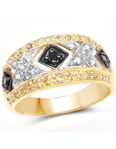 14K Yellow Gold Plated 0.28 Carat Genuine Black Diamond, White Diamond & Yellow Diamond .925 Sterling Silver Ring destockage