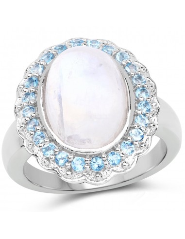 7.21 Carat Genuine White Rainbow Moonstone & Swiss Blue Topaz .925 Sterling Silver Ring en ligne