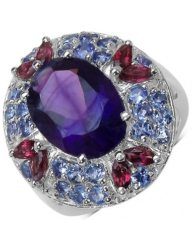 7.02 Carat Genuine Amethyst, Rhodolite & Tanzanite .925 Sterling Silver Ring Pour