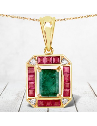 1.83 Carat Genuine Zambian Emerald, Ruby and White Diamond 14K Yellow Gold Pendant store