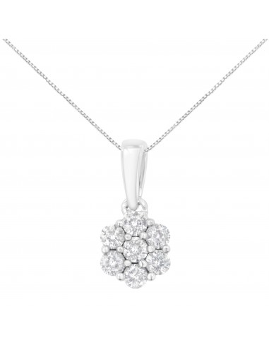 14K White Gold 1/2 cttw Prong Set Round-Cut Diamond 7 Stone Floral Cluster 18" Pendant Necklace (H-I Color, I1-I2 Clarity) 2024