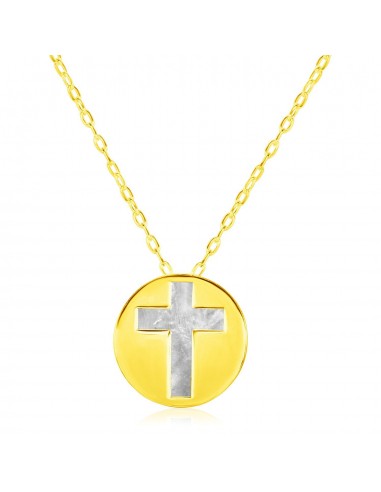 14k Yellow Gold Necklace with Cross Symbol in Mother of Pearl en stock