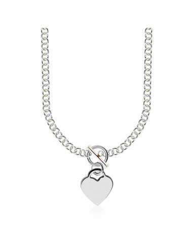 Sterling Silver Rhodium Plated Rolo Chain Necklace with a Heart Toggle Charm en stock