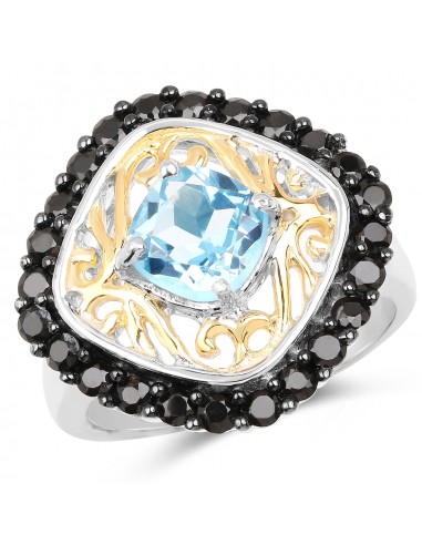 Two Tone Plated 2.85 Carat Genuine Swiss Blue Topaz and Black Spinel .925 Sterling Silver Ring store