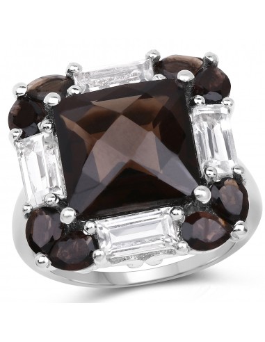 7.43 Carat Genuine Smoky Quartz & White Topaz .925 Sterling Silver Ring Livraison rapide