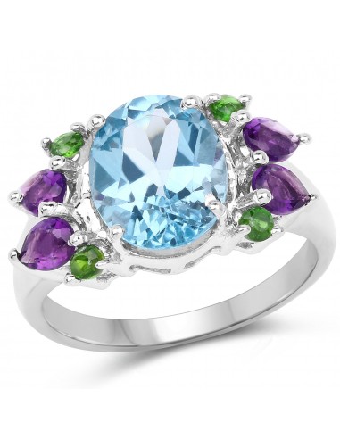 4.00 Carat Genuine Swiss Blue Topaz, Chrome Diopside & Amethyst .925 Sterling Silver Ring la colonne vertébrale