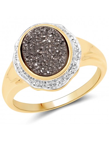 14K Yellow Gold Plated 4.50 Carat Genuine Drusy Quartz .925 Sterling Silver Ring soldes