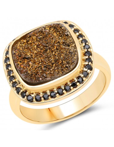 14K Yellow Gold Plated 6.19 Carat Genuine Drusy Quartz and Black Spinel .925 Sterling Silver Ring la chaussure