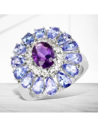 4.86 Carat Genuine Amethyst, Tanzanite and White Topaz .925 Sterling Silver Ring livraison gratuite